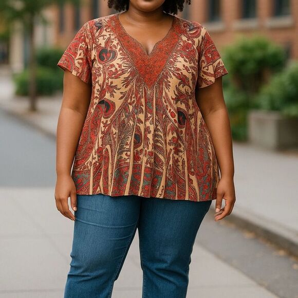 live and let live Women's 2XL Paisley Beaded V-Neck Blouse Multicolor - Picture 1 of 7